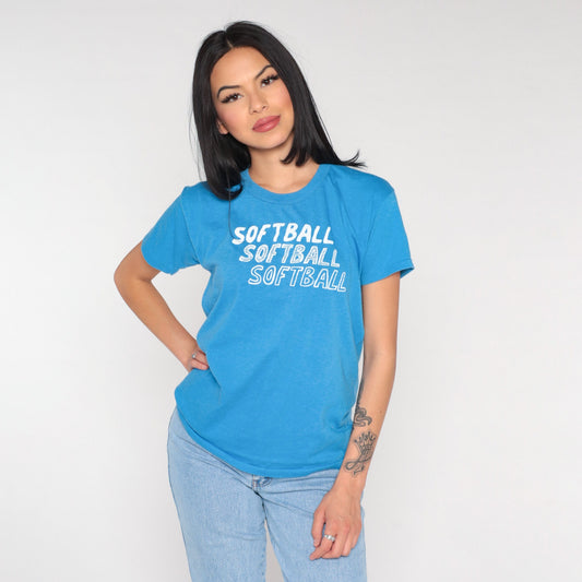 80s Softball Graphic T-Shirt Blue Single Stitch Crewneck Medium