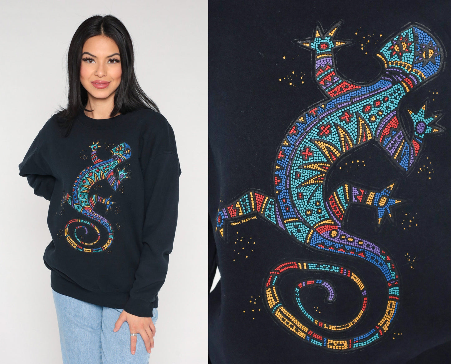 Y2K Tewa Tees Gecko Sweatshirt Black Graphic Crewneck Medium