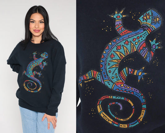 Y2K Tewa Tees Gecko Sweatshirt Black Graphic Crewneck Medium