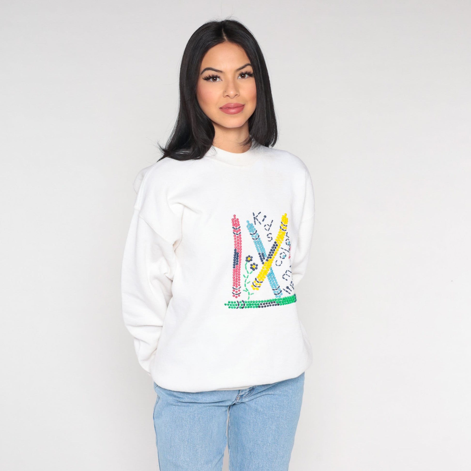 00s Kids Color My Life Teacher Sweatshirt Crayon Graphic White Crewneck Large