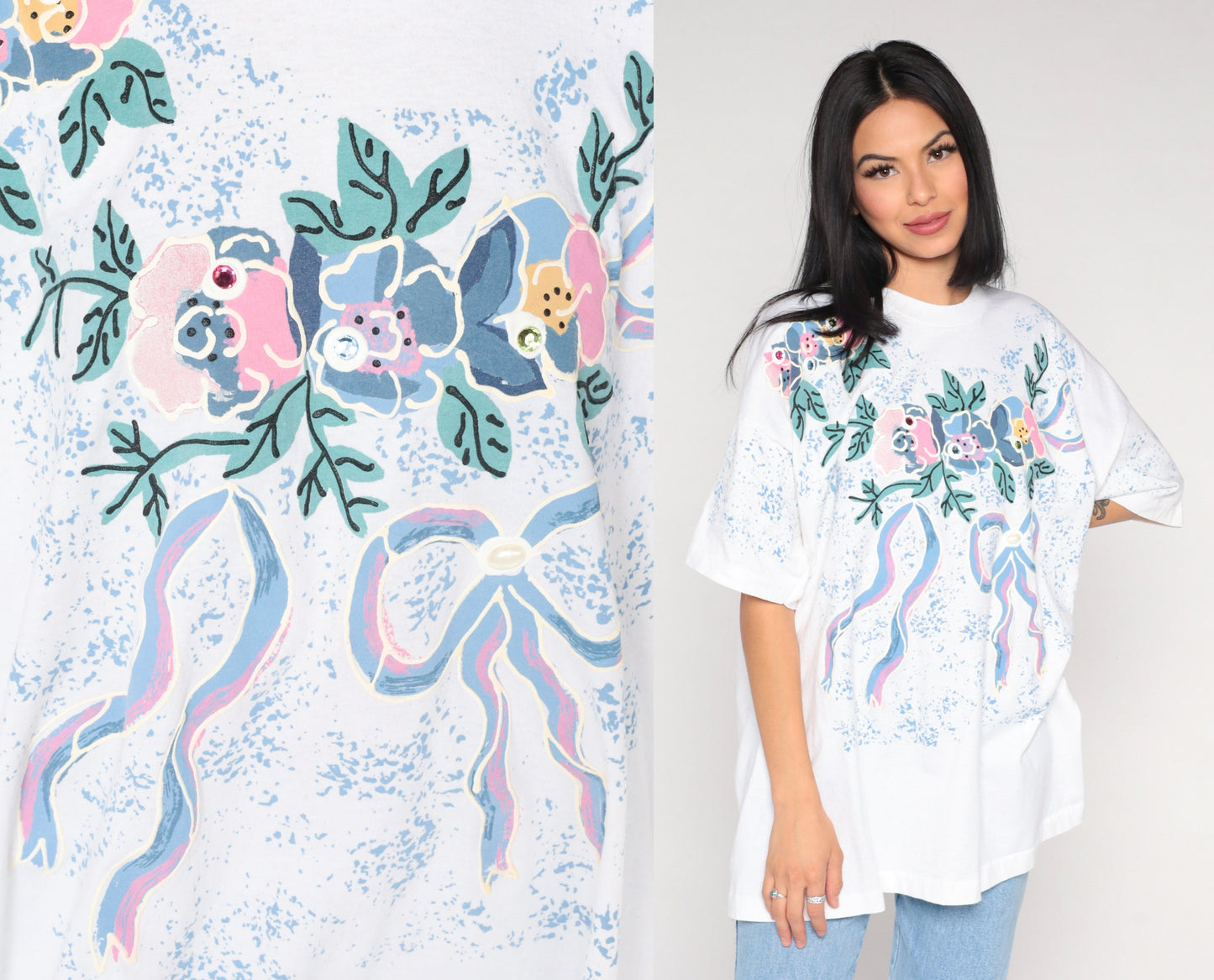 90s Gem Floral Graphic T-Shirt Rhinestone Flower Print White Extra Large