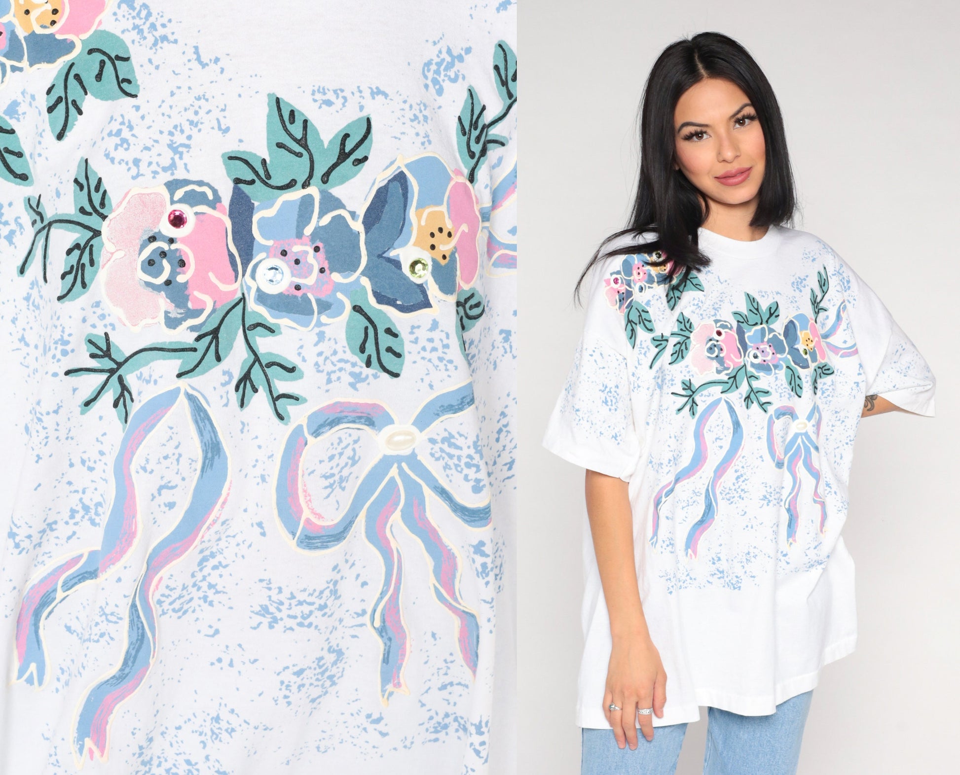 90s Gem Floral Graphic T-Shirt Rhinestone Flower Print White Extra Large