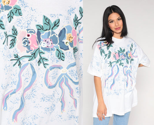 90s Gem Floral Graphic T-Shirt Rhinestone Flower Print White Extra Large