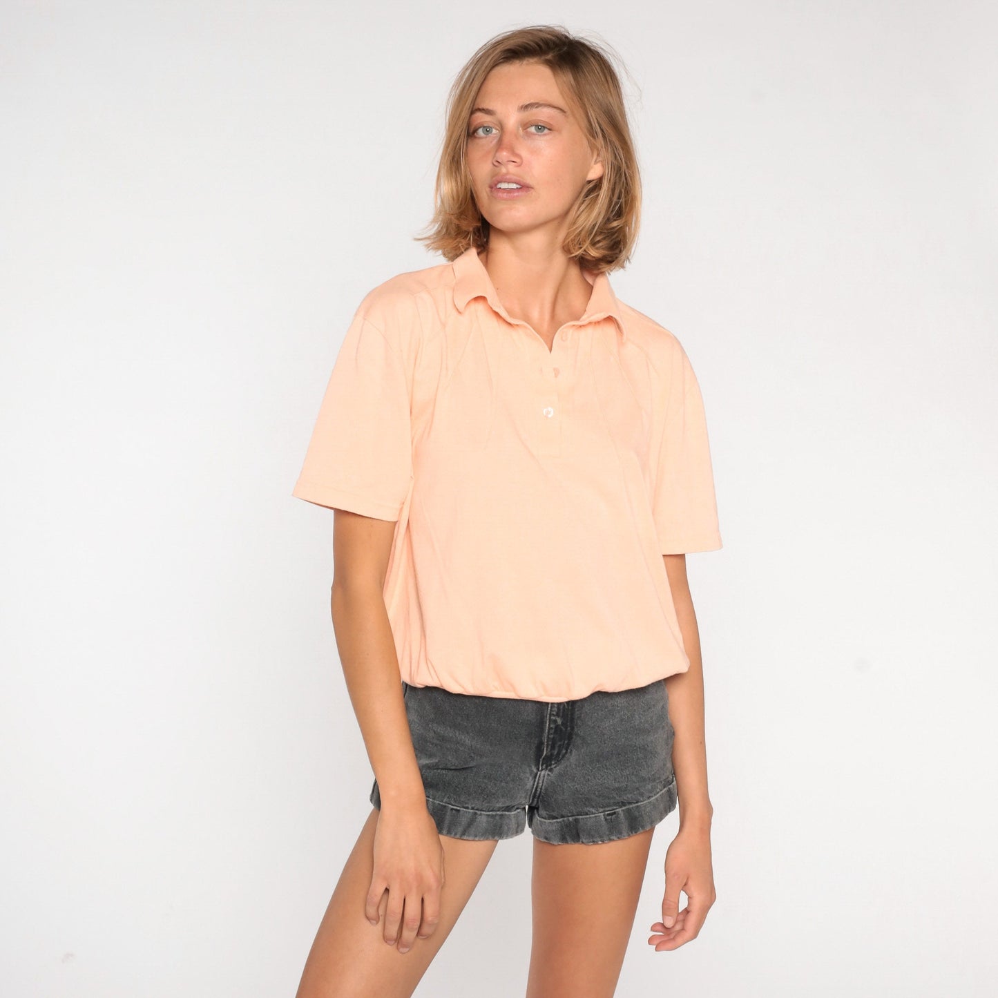 80s Peach Polo Shirt Collared Cotton Blend Short Sleeve Large L