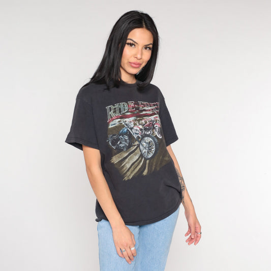 00s Motorcycle Ride Free Graphic T-Shirt American Flag Black Medium