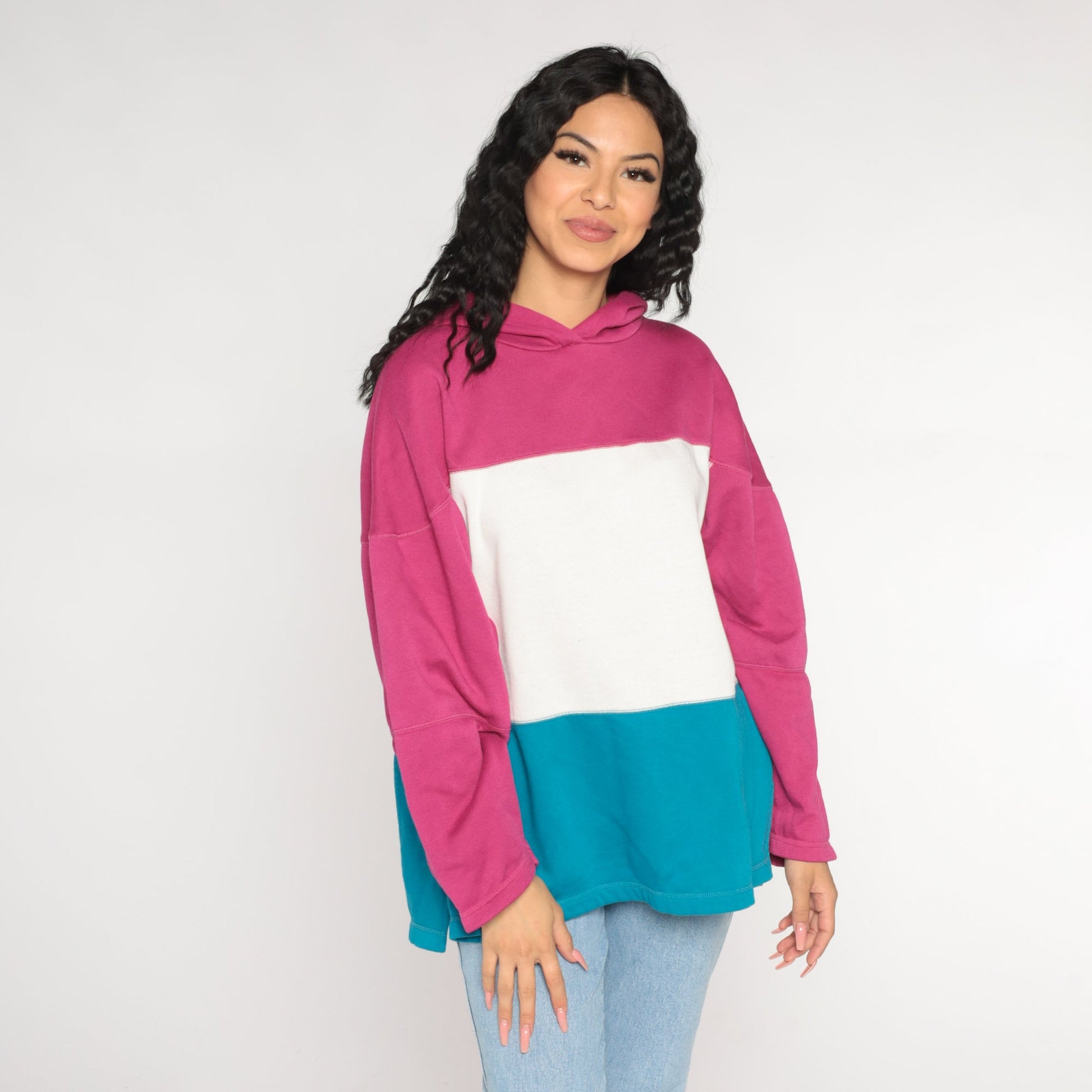 90s Color Block Hoodie White Pink Blue Striped Sweatshirt Large L