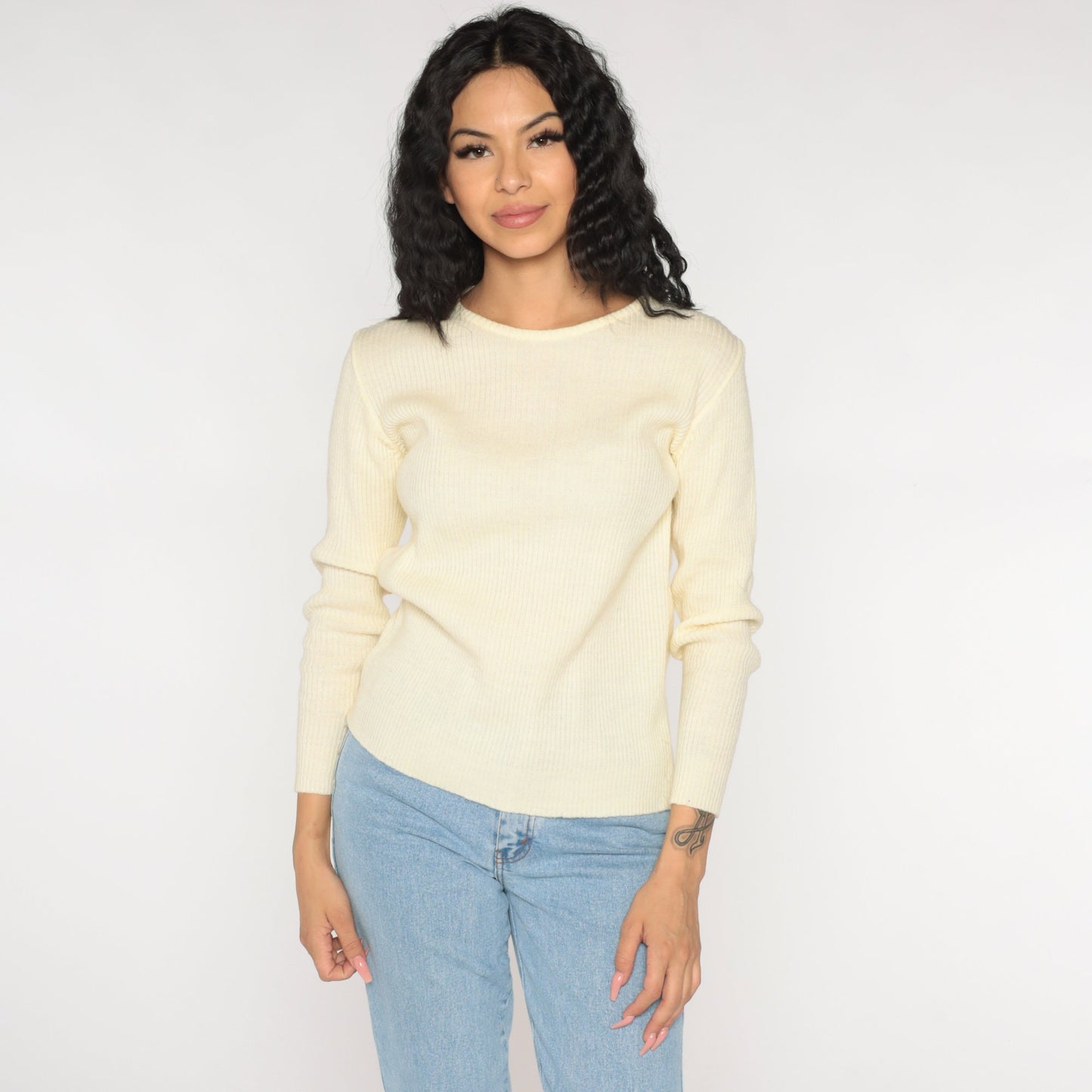 70s Cream Ribbed Knit Crewneck Pullover Sweater Small Medium