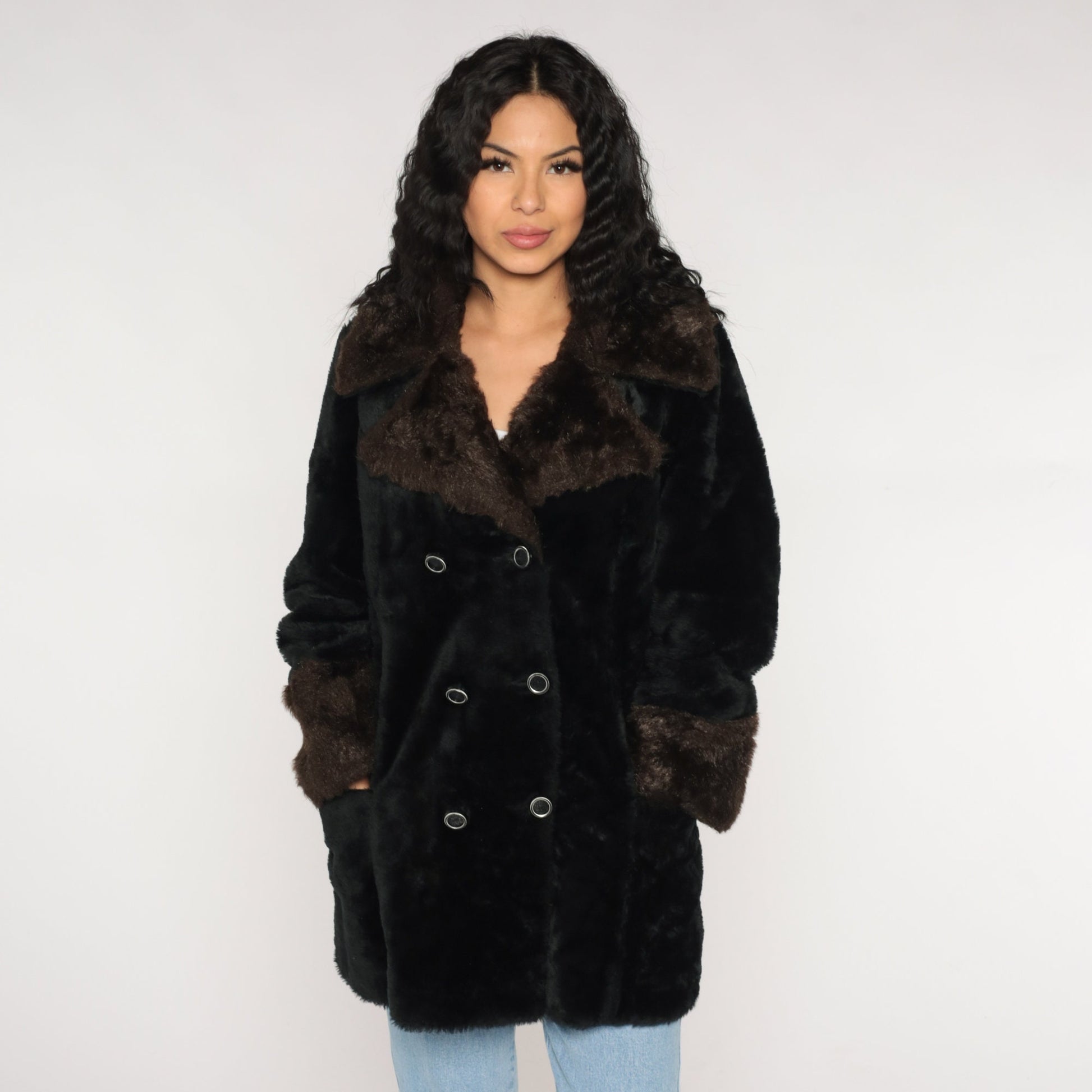 70s Black Faux Fur Coat Double Breasted Collar Brown Trim Small
