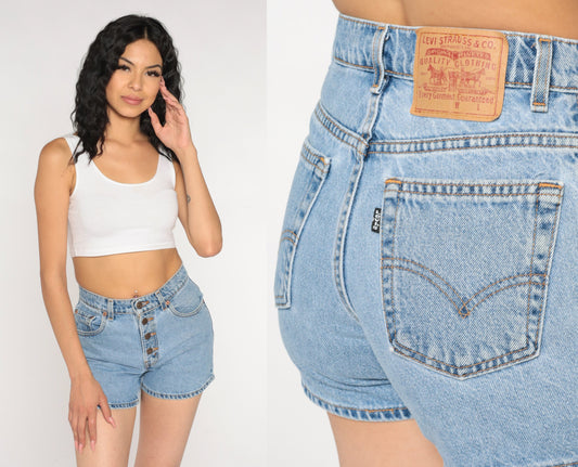 90s Levi's Jean Shorts Blue Denim Mid Rise Button Fly Small