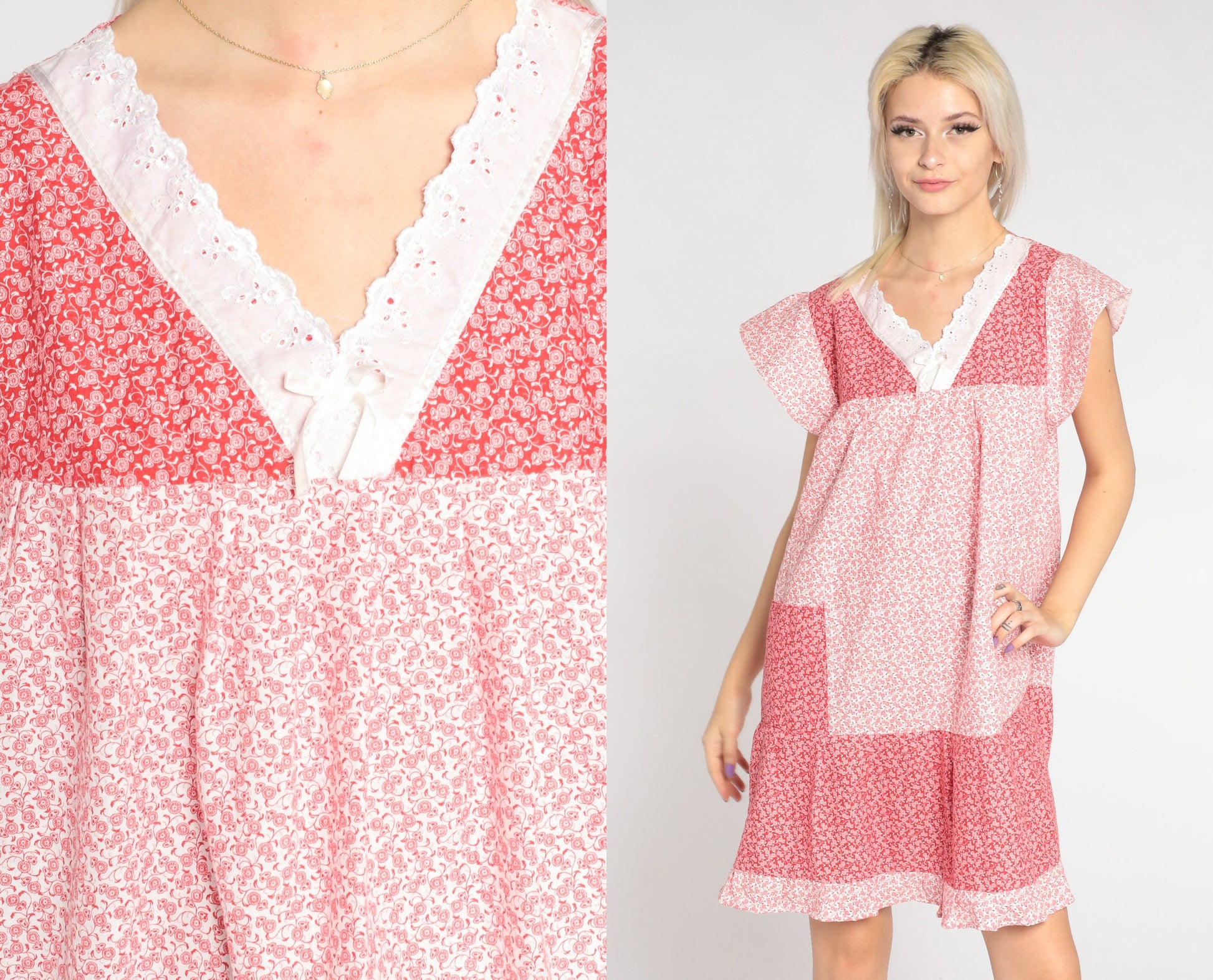 90s Calico Floral Mini Dress Red White Eyelet Trim Cap Sleeve Small