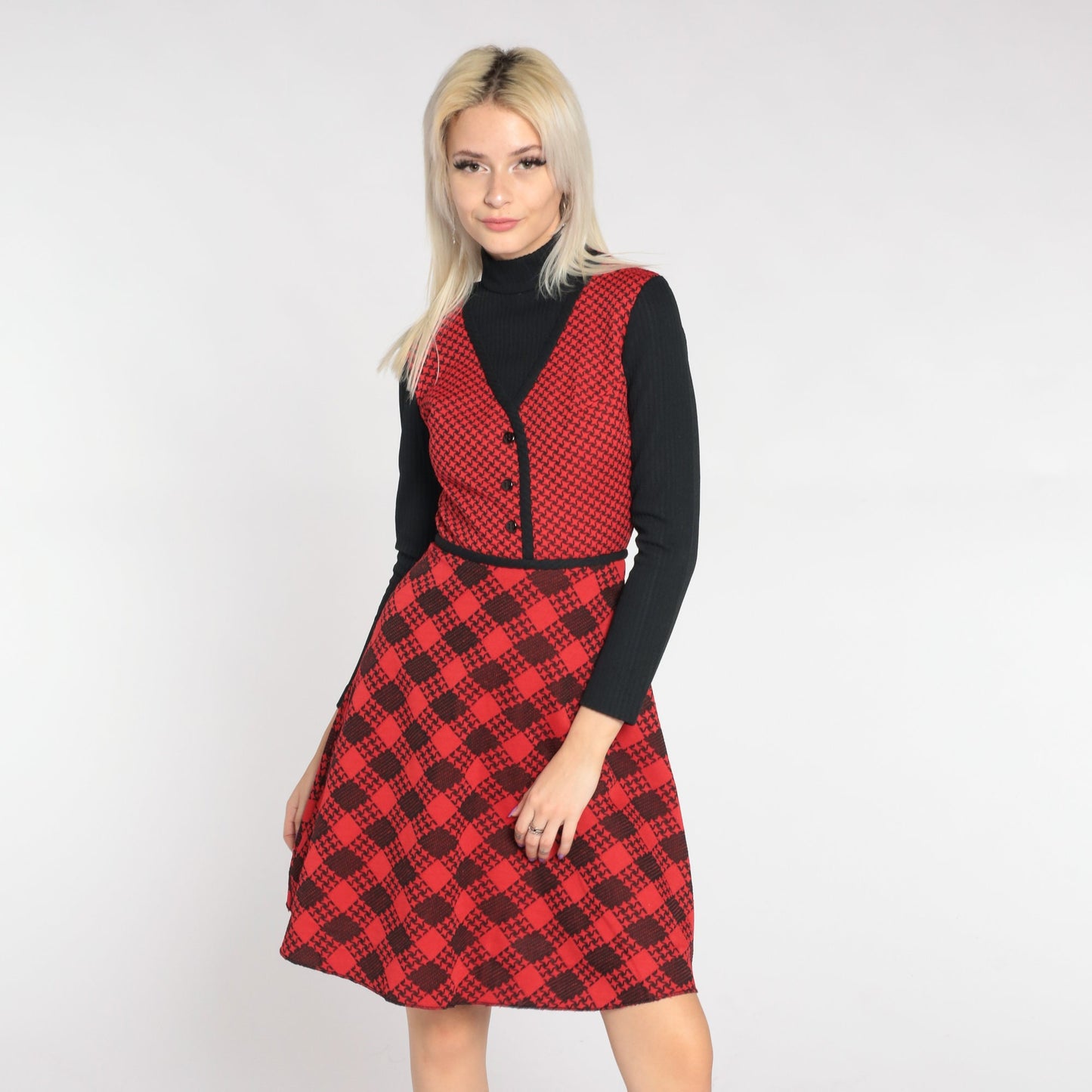 70s Red Checkered Mini Dress Black Turtleneck Attached Sleeves Extra Small