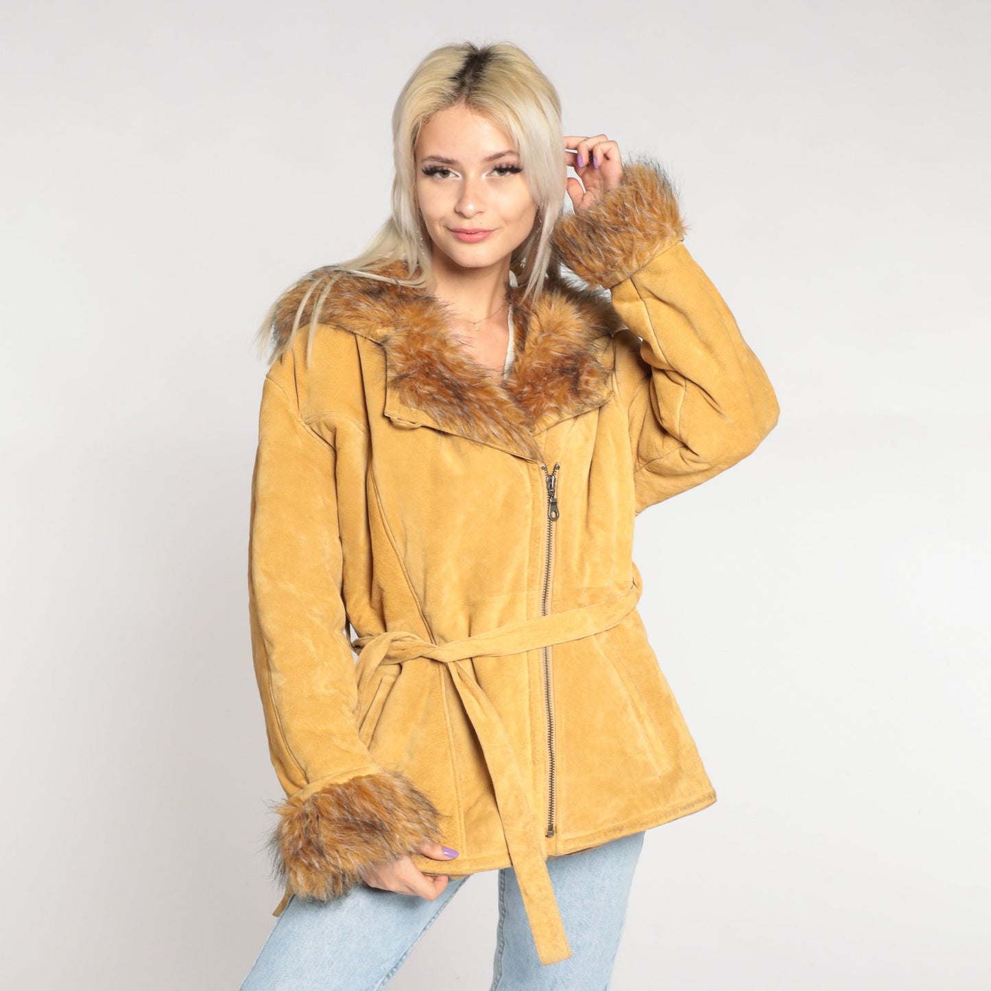 70s Suede Hooded Jacket Faux Fur Trim Belted Tan Leather Large L