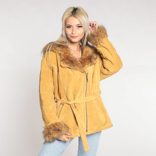 70s Suede Hooded Jacket Faux Fur Trim Belted Tan Leather Large L