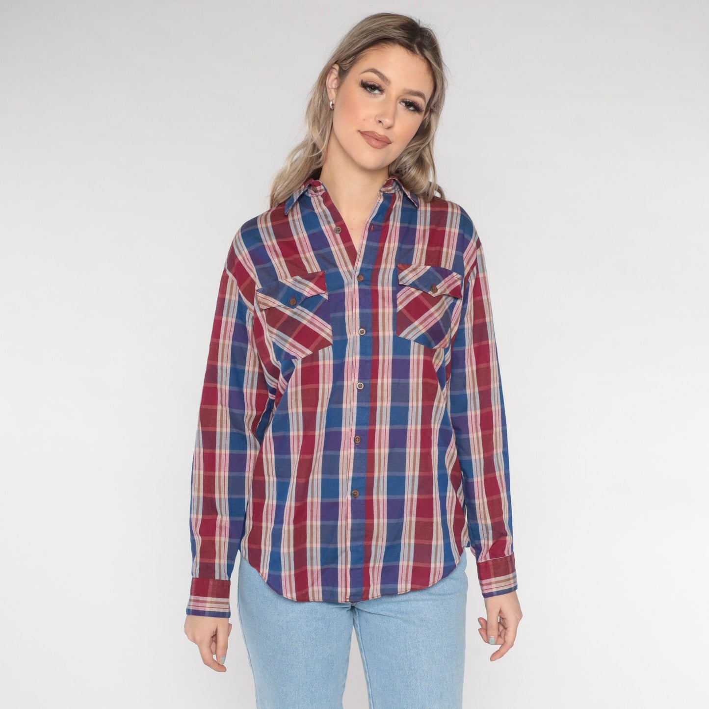 80s Burgundy Blue Plaid Button-Up Shirt Cotton Long Sleeve Medium