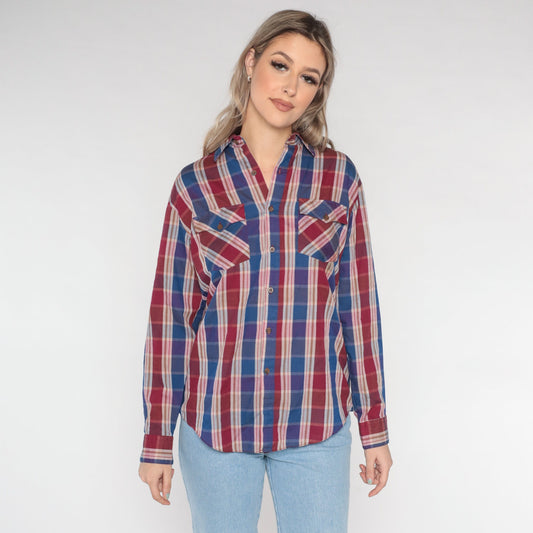 80s Burgundy Blue Plaid Button-Up Shirt Cotton Long Sleeve Medium