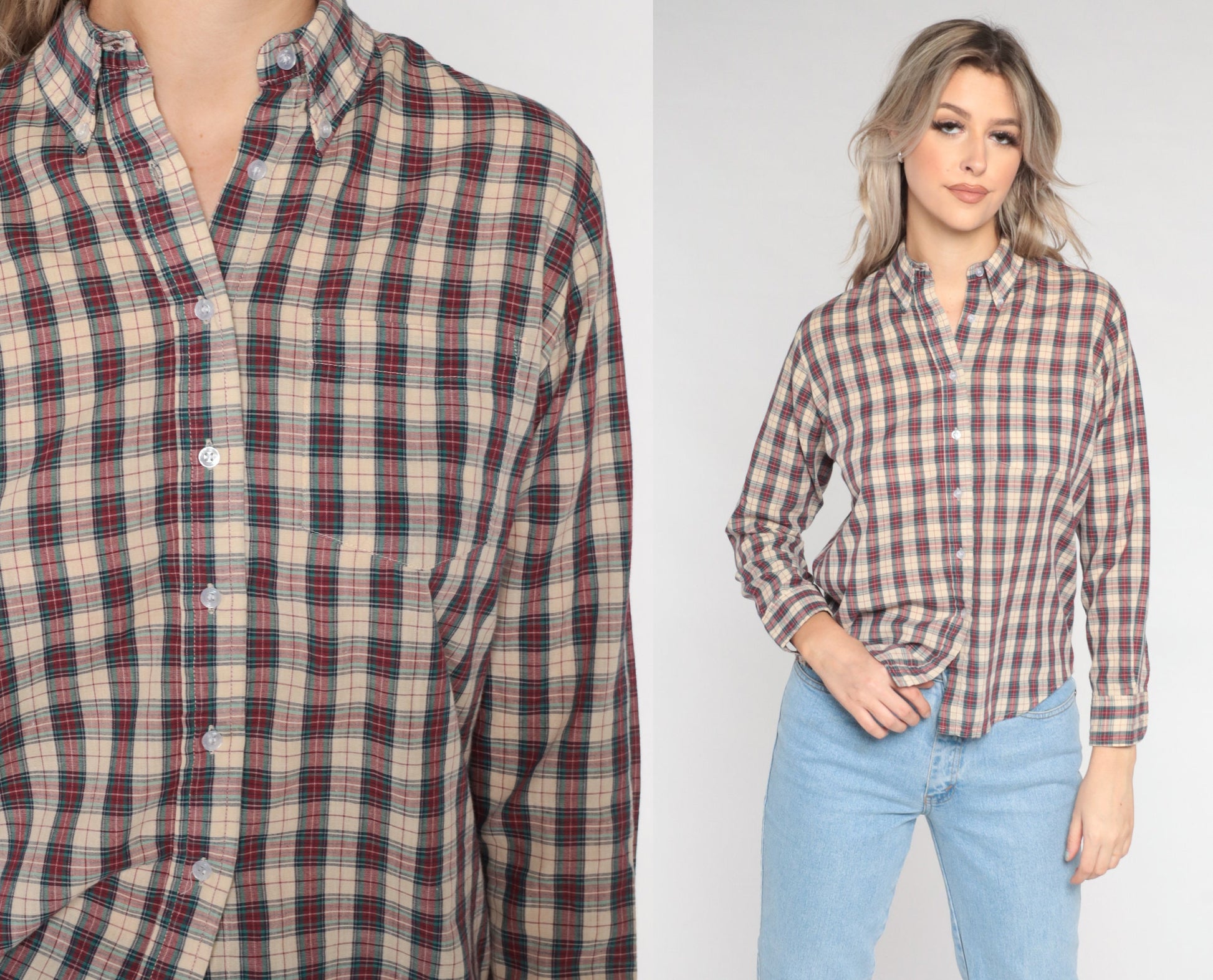 80s Plaid Button-Up Blouse Tan Red Green Checkered Long Sleeve Large