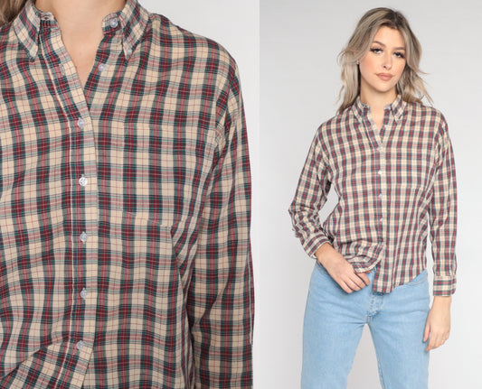 80s Plaid Button-Up Blouse Tan Red Green Checkered Long Sleeve Large