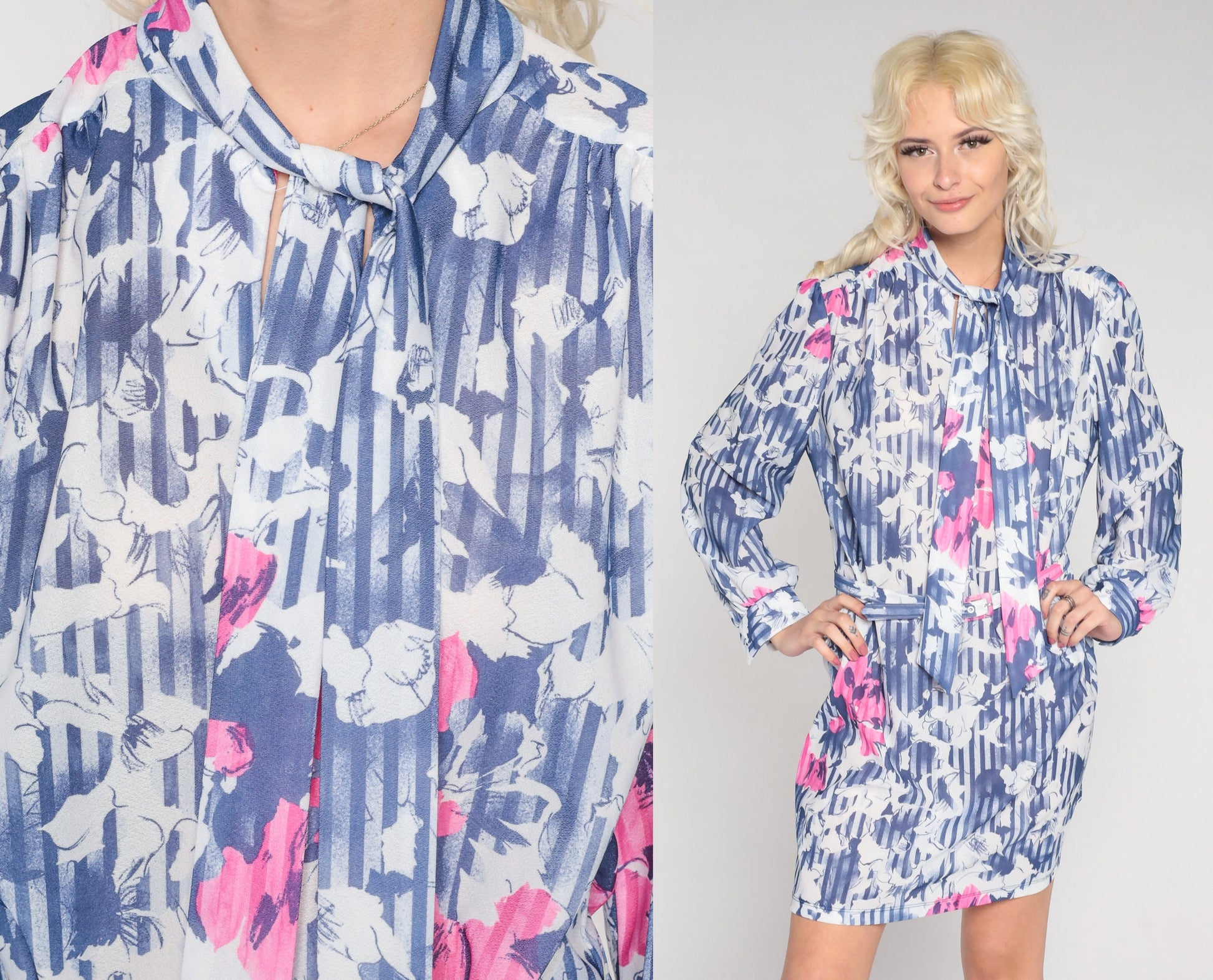 70s Floral Mini Dress Ascot Bow Purple Shift Dress Long Sleeve Medium