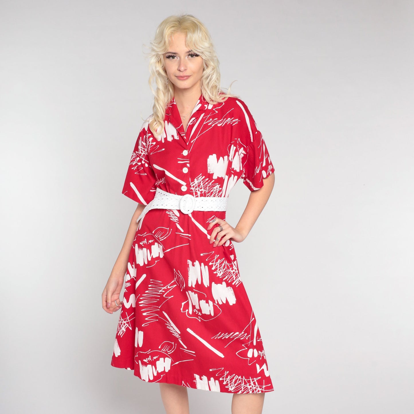 80s Brushstroke Print Midi Shirt Dress High Waist Button Up Red White Medium