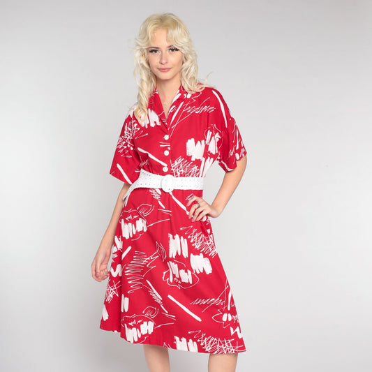 80s Brushstroke Print Midi Shirt Dress High Waist Button Up Red White Medium