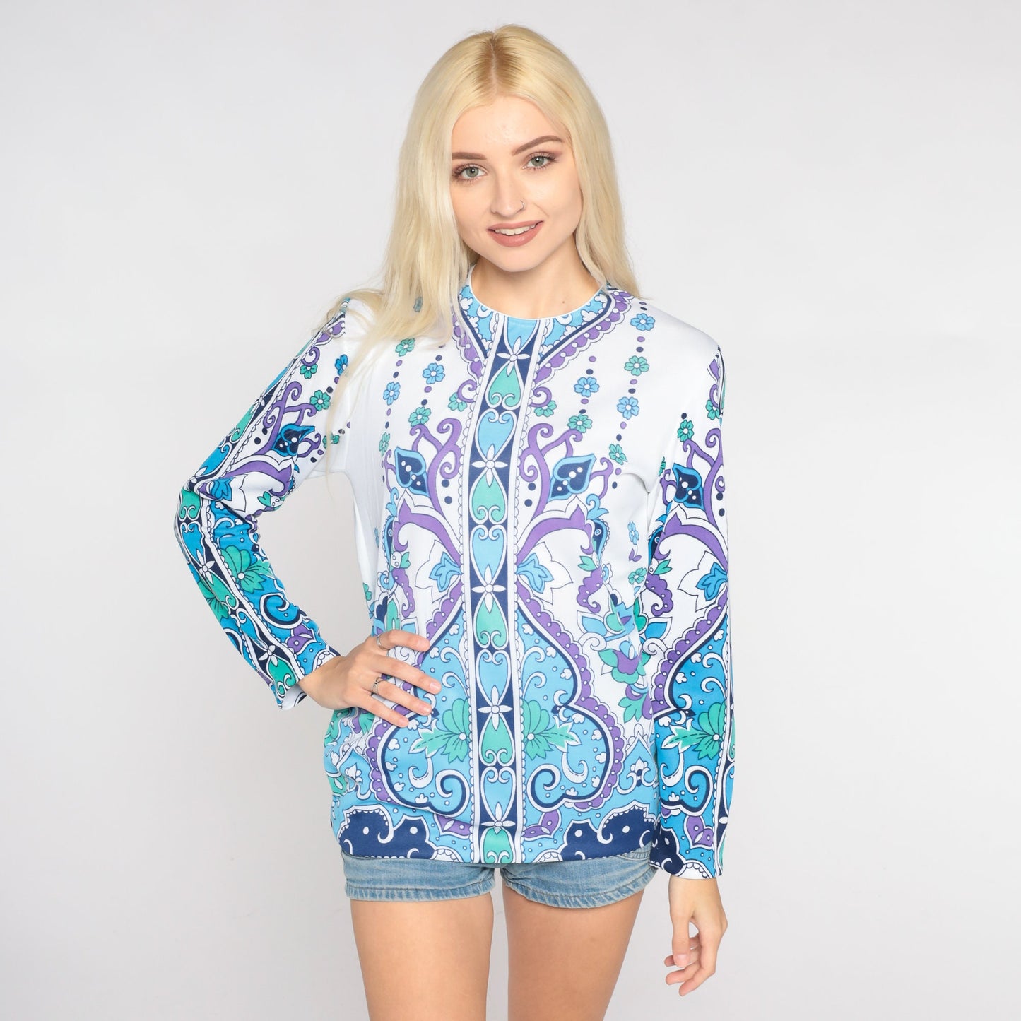 70s Floral Heart Swirl Print Blouse Long Sleeve White Blue Purple Small