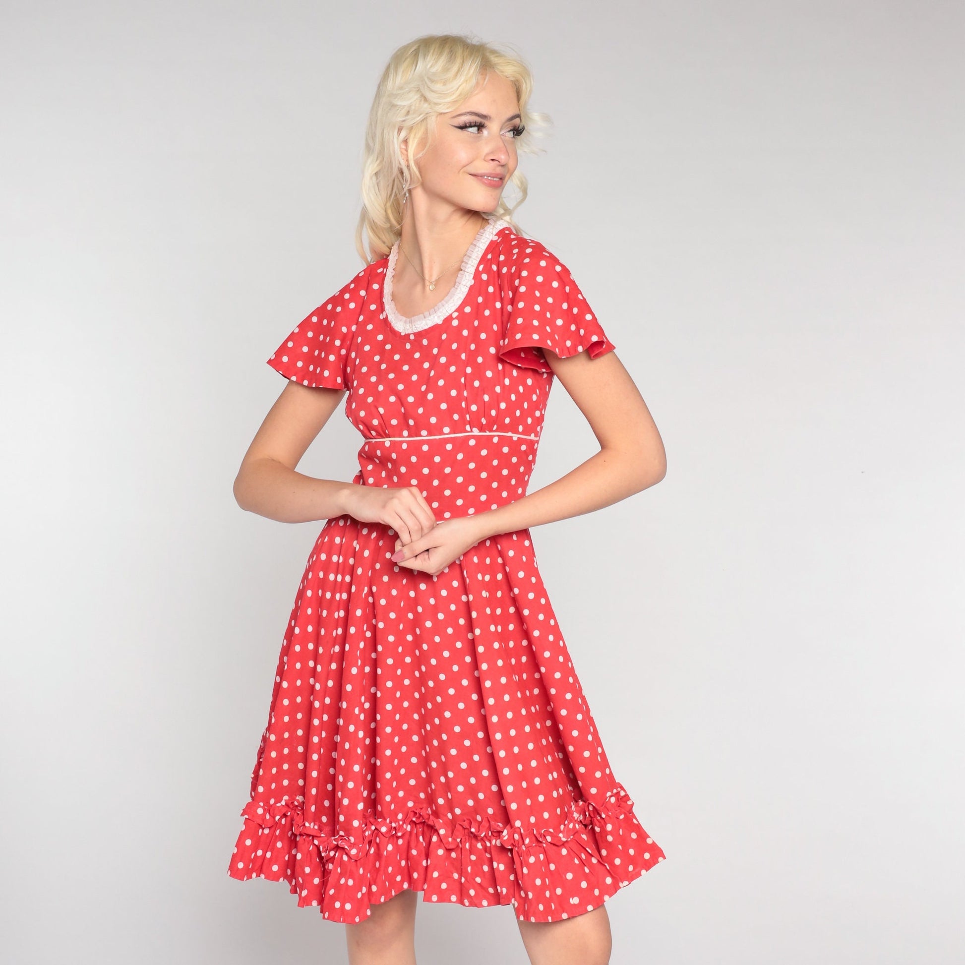 70s Red Polka Dot Mini Dress Flutter Sleeve Full Skirt High Waist Extra Small
