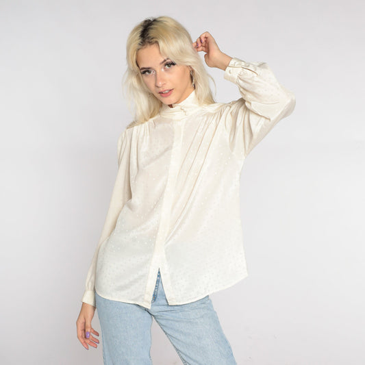 80s Cream Embossed Polka Dot Puff Sleeve Blouse Mock Neck Button Up Large