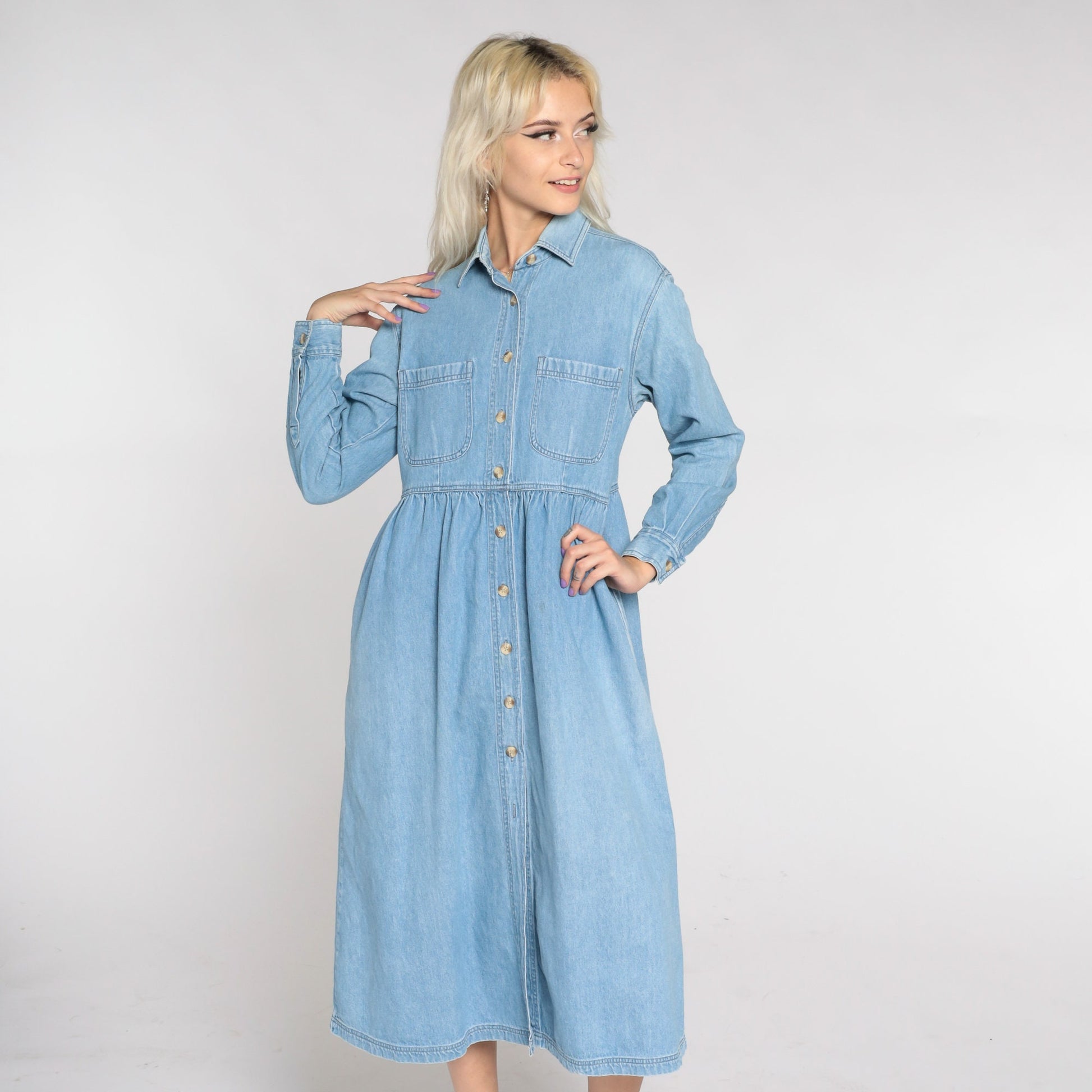 90s Blue Denim Midi Shirtdress High Waist Button Up Petite Small