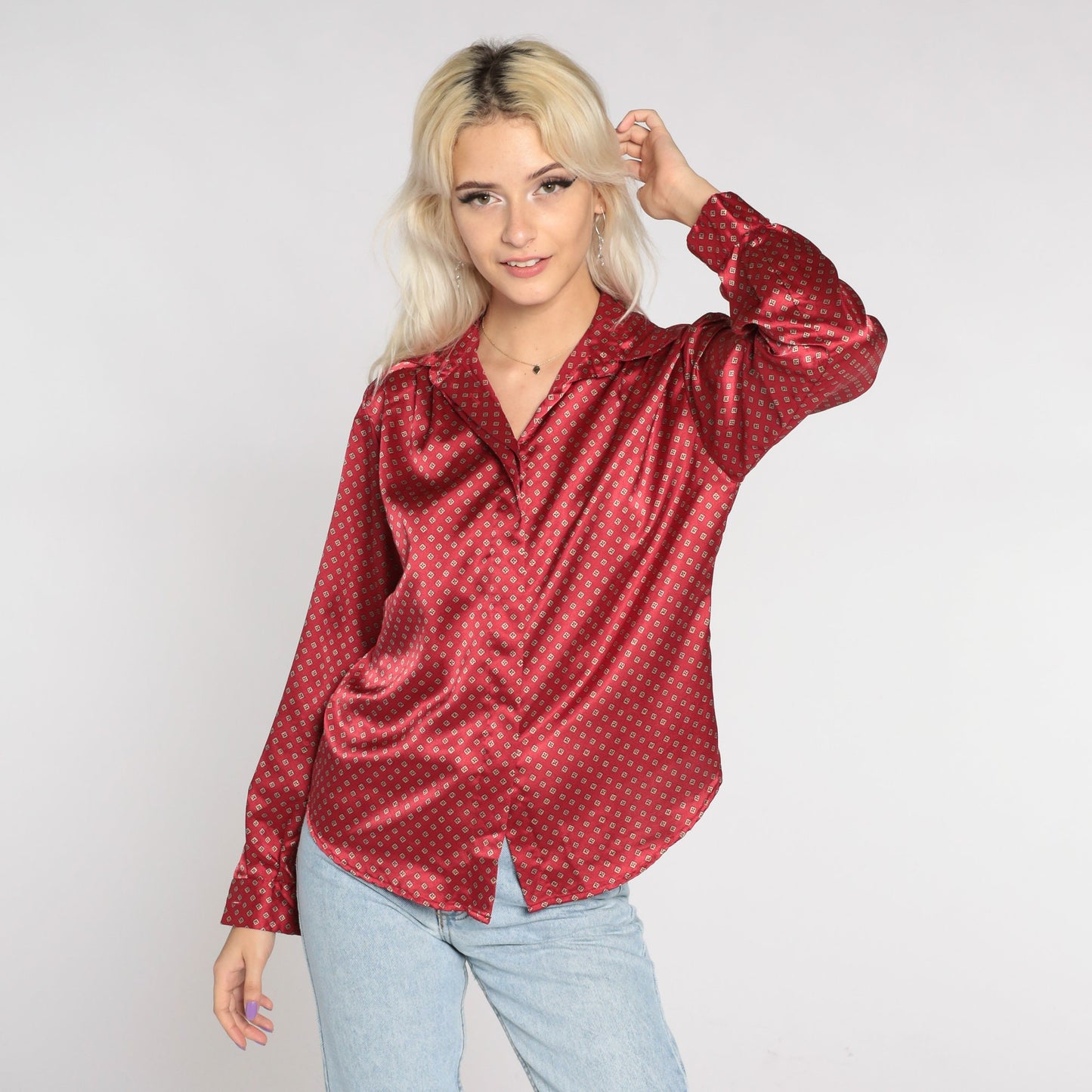90s Red Satin Geometric Button-Up Blouse Long Sleeve Small