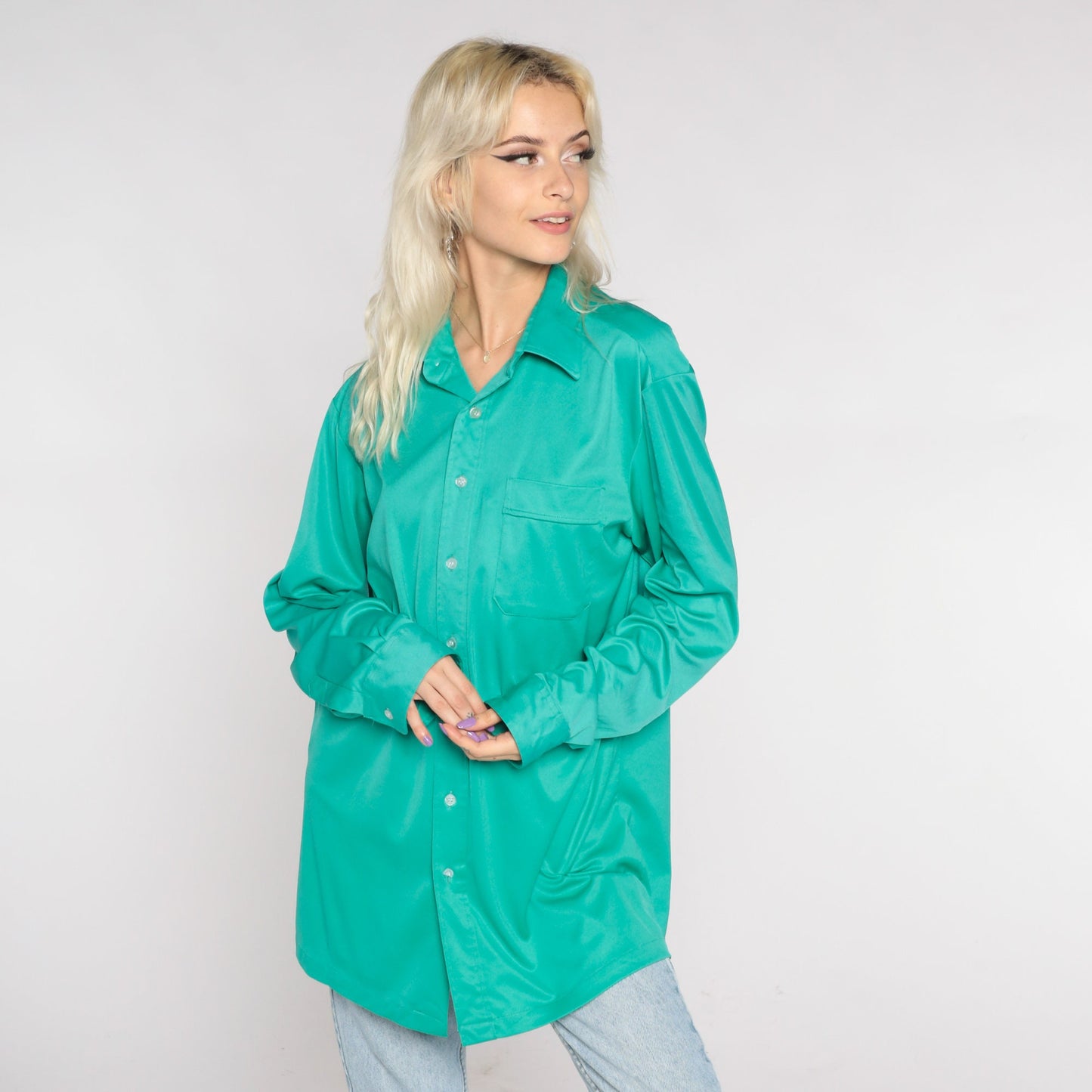 70s Green Dagger Collar Button-Up Shirt Long Sleeve Oxford Extra Large