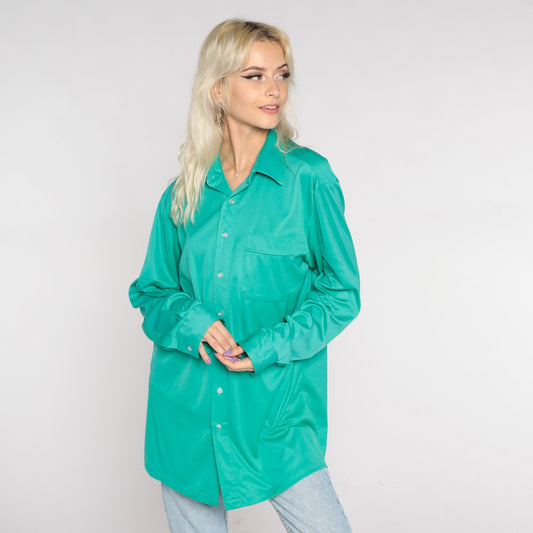70s Green Dagger Collar Button-Up Shirt Long Sleeve Oxford Extra Large