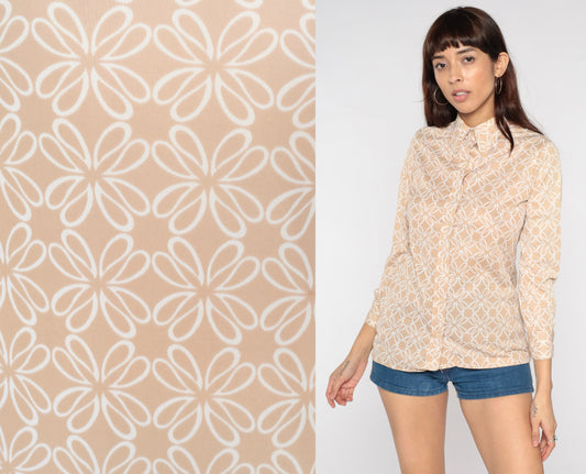70s Vera Abstract Floral Button-Up Shirt Tan Pointed Collar Long Sleeve Small