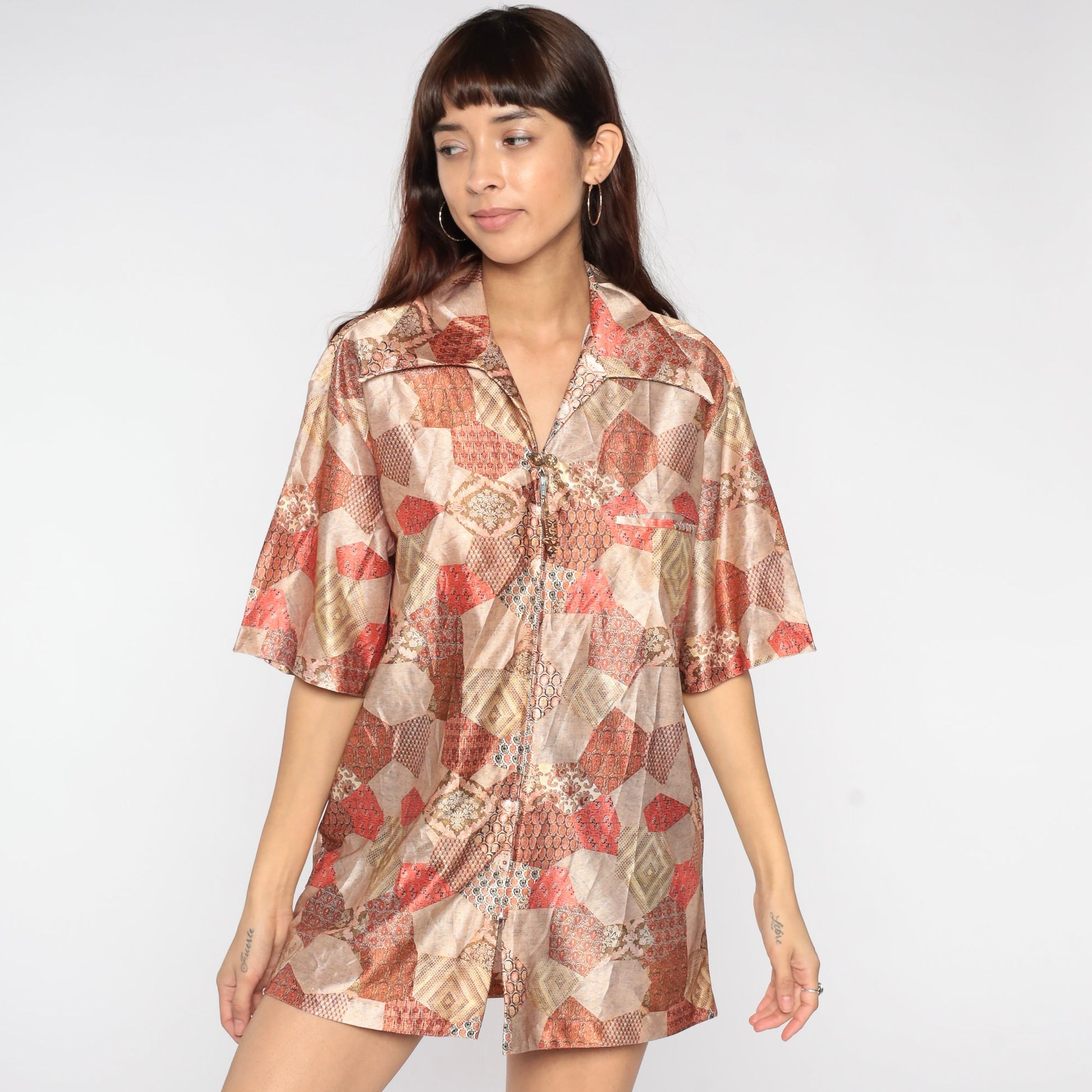 70s Patchwork Paisley Zip Shirt Short Sleeve Psychedelic Blouse Large