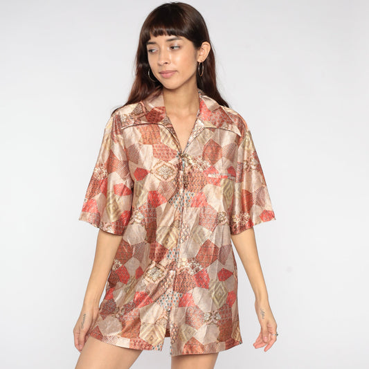 70s Patchwork Paisley Zip Shirt Short Sleeve Psychedelic Blouse Large