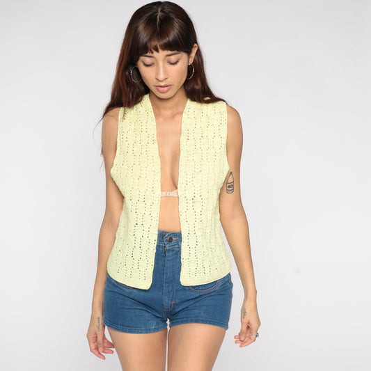 70s Crochet Vest Pale Yellow Knit Open Front Sleeveless Small