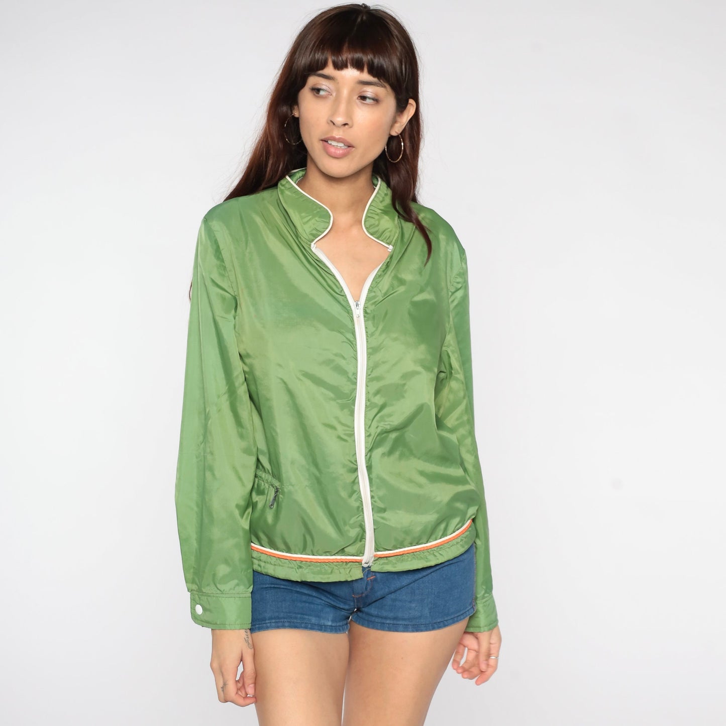 70s Green Windbreaker Jacket Nylon Zip-Up Orange White Trim Small