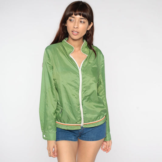 70s Green Windbreaker Jacket Nylon Zip-Up Orange White Trim Small