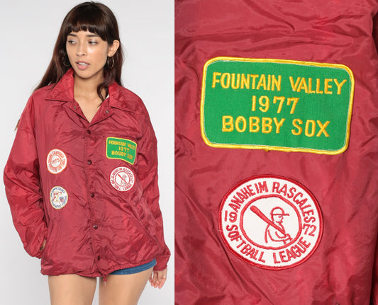 70s Burgundy Softball Patch Coach Jacket Fountain Valley Medium