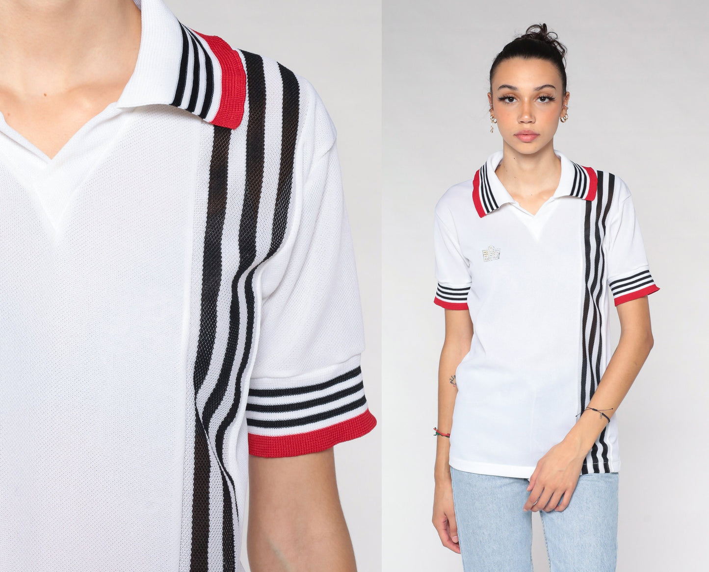 90s Admiral Polo Shirt White Red Black Striped Small S