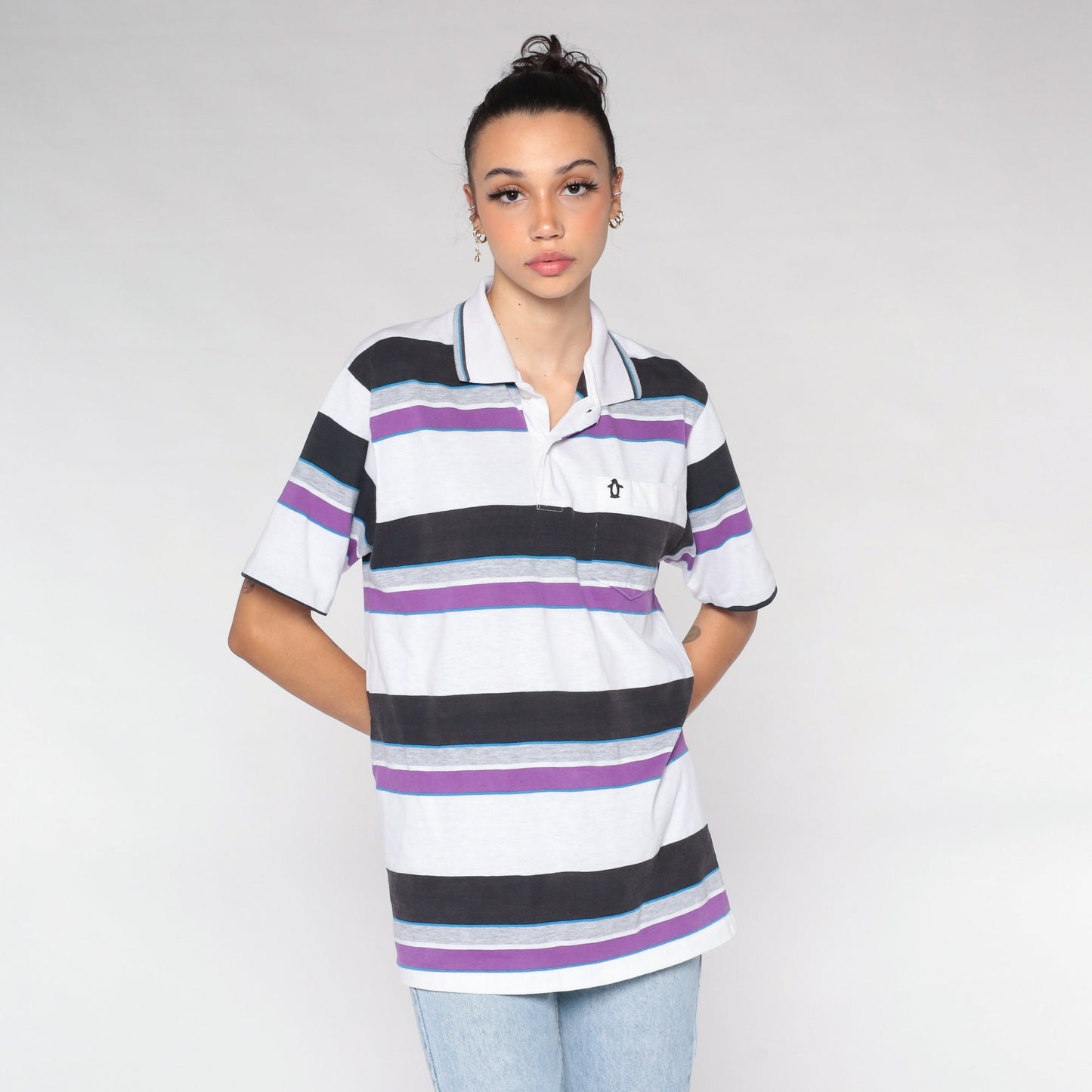 90s Penguin Club Striped Polo Shirt White Purple Half-Button Medium M