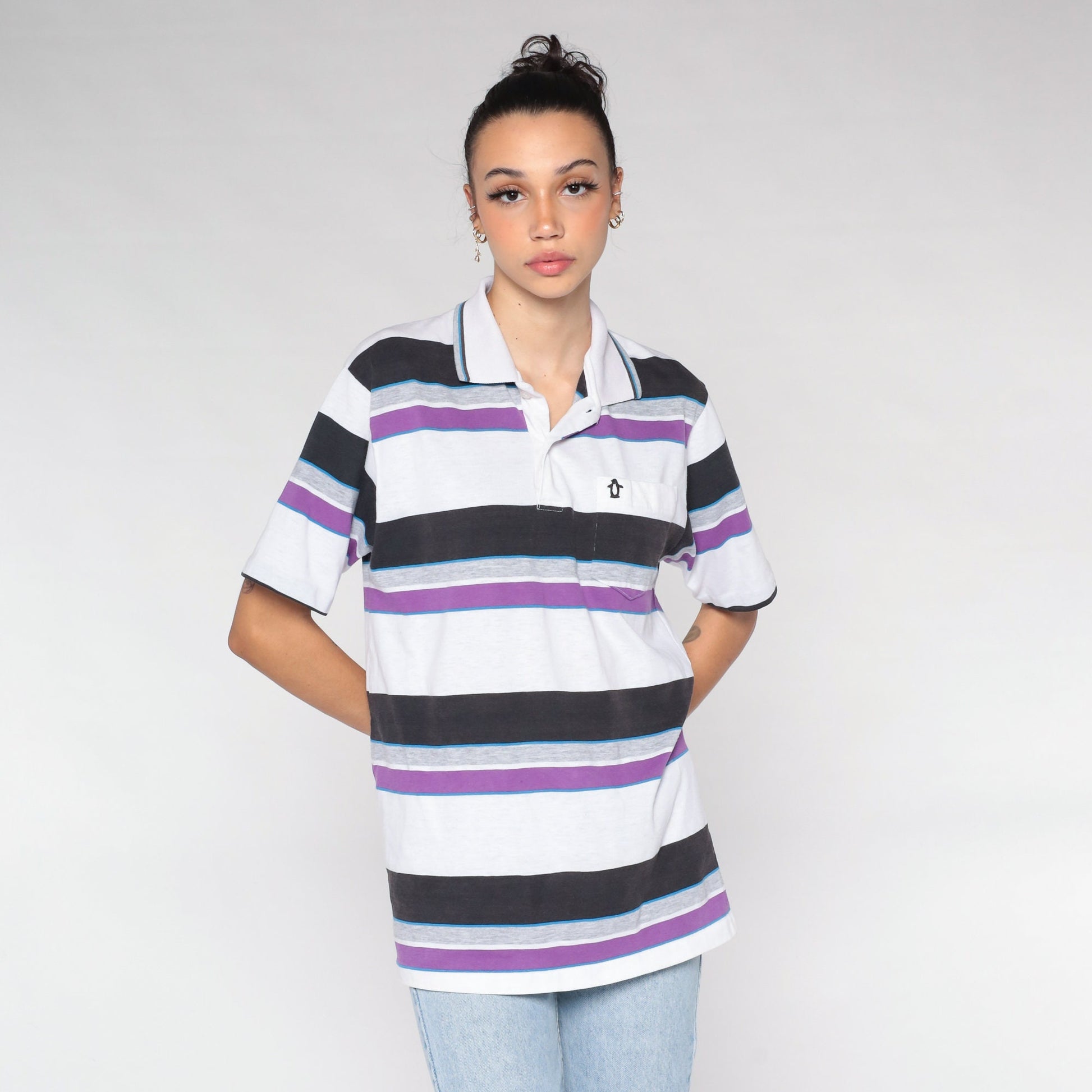 90s Penguin Club Striped Polo Shirt White Purple Half-Button Medium M