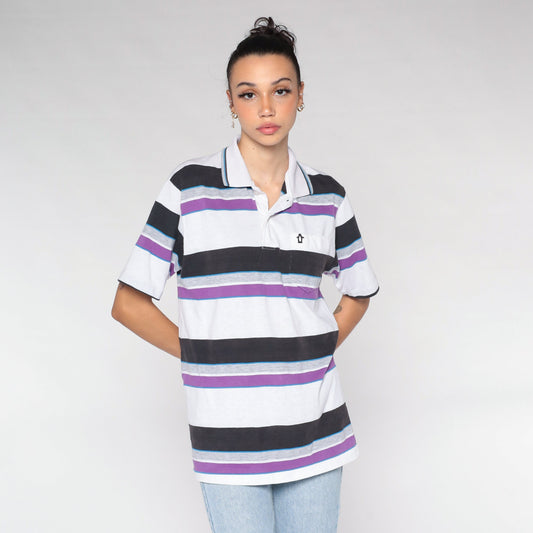 90s Penguin Club Striped Polo Shirt White Purple Half-Button Medium M