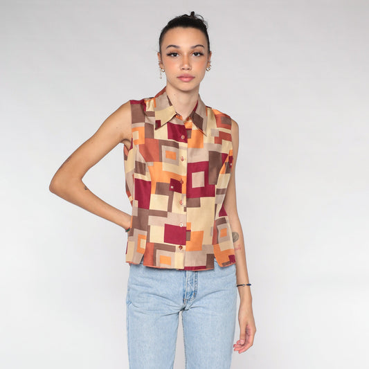 Y2K Silk Tank Top Geometric Square Print Brown Orange Medium M