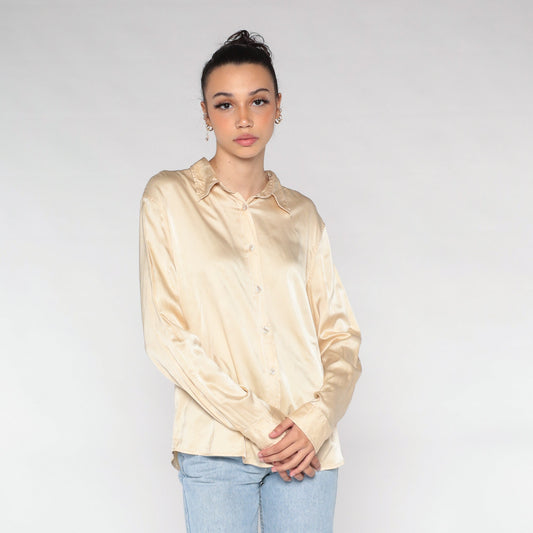 00s Gap Champagne Silk Button-Up Blouse Long Sleeve Collared Shirt Large L