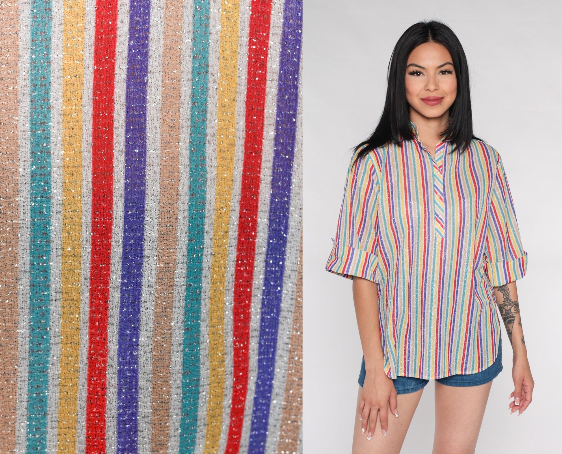 70s Metallic Rainbow Striped Button-Up Blouse 3/4 Sleeve Medium