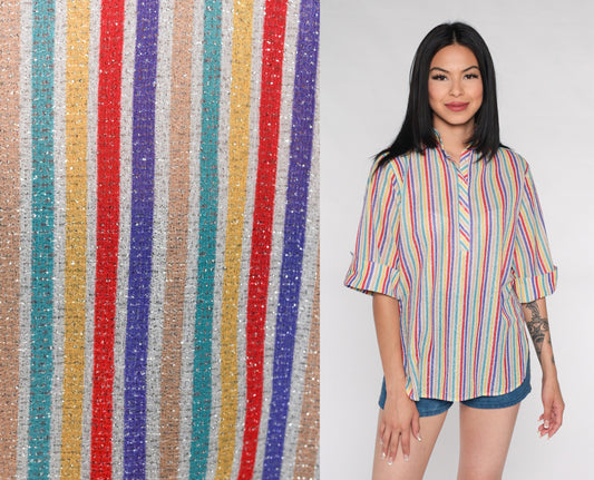 70s Metallic Rainbow Striped Button-Up Blouse 3/4 Sleeve Medium