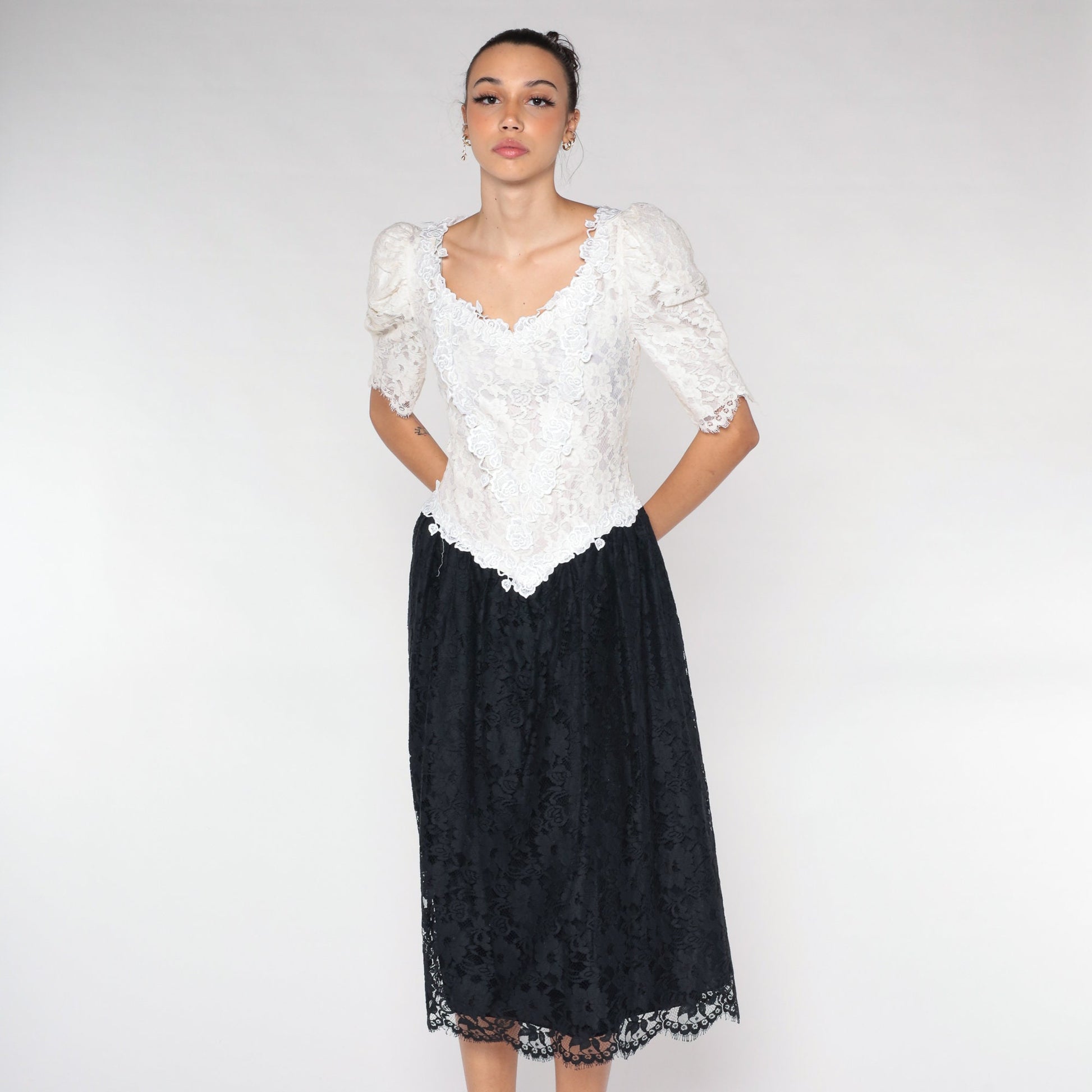 80s Black White Lace Midi Dress Puff Sleeve Basque Waist Small