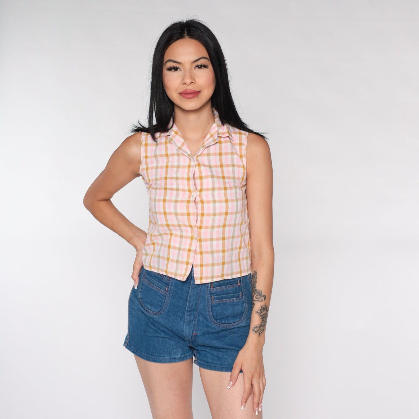 70s Pink Checkered Button-Up Blouse Sleeveless Plaid Top XXS