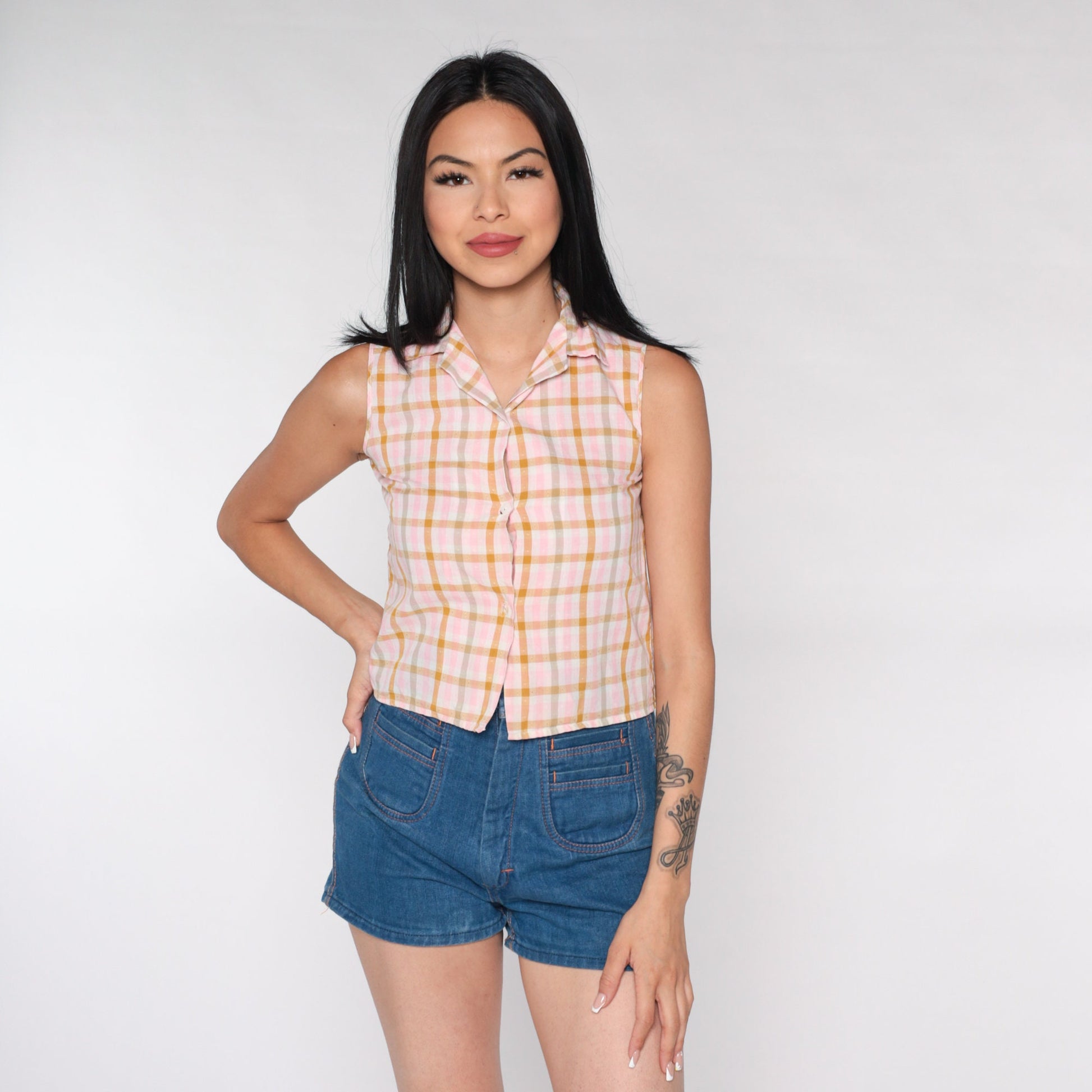 70s Pink Checkered Button-Up Blouse Sleeveless Plaid Top XXS