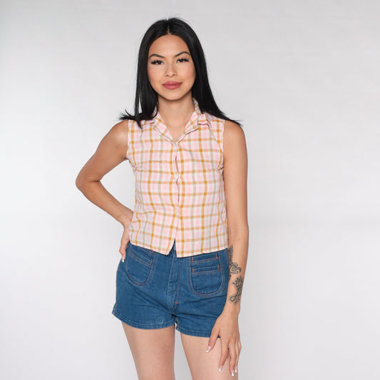 70s Pink Checkered Button-Up Blouse Sleeveless Plaid Top XXS